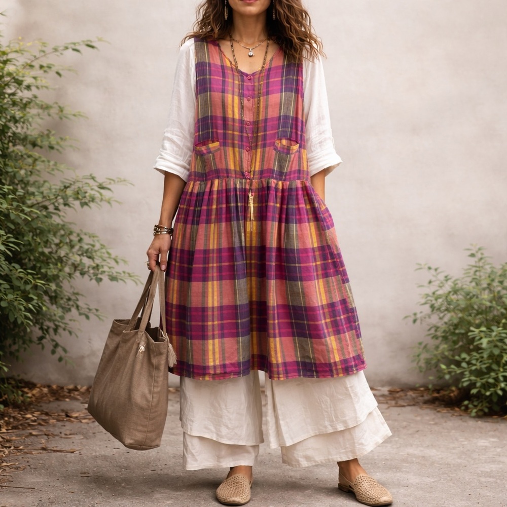 Casual Plaid Midi Dress in Berry & Mustard - Women